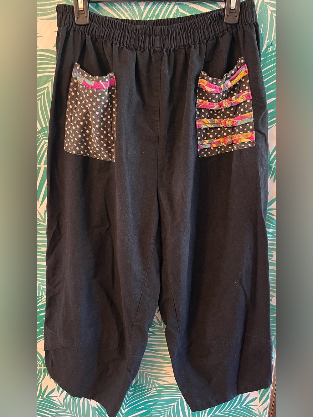 Minibee Harem Black Wide-Leg Linen & Cotton Pants w/Colorful Patch Pockets Sz XL
